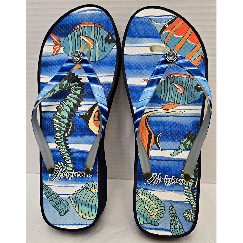 Brighton Cove Scoop Platform Wedge Flip Flops Sea Life/Seahorse Women's Size 7